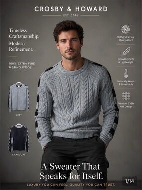 Crosby & Howard 100% Fine Merino Wool Cable Knit Sweater Gray Charcoal Luxury M